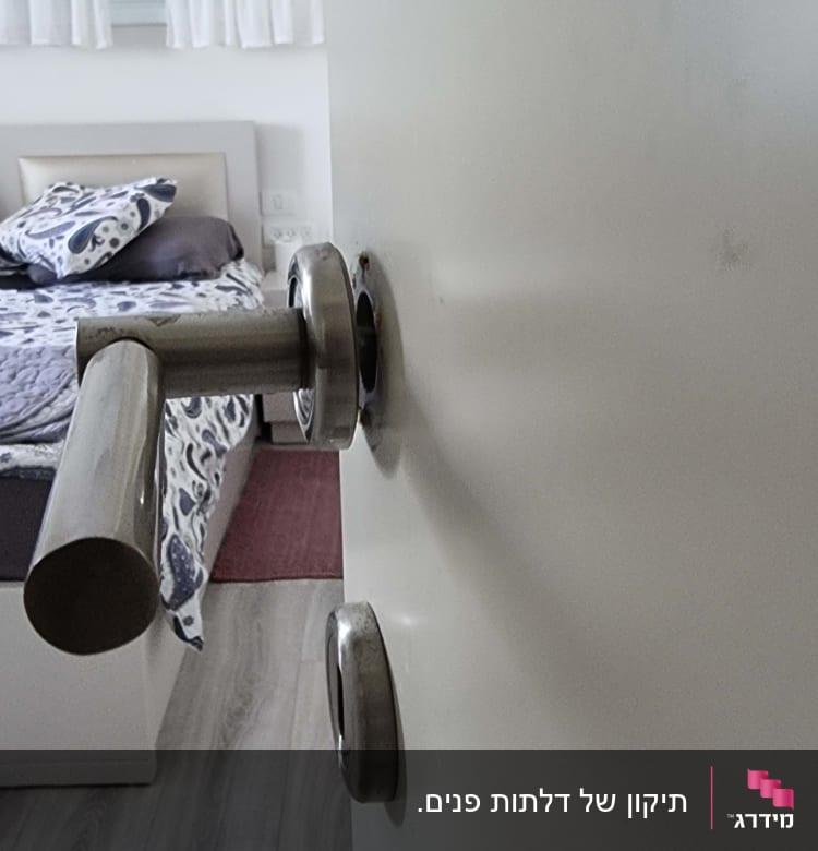 ידית דלת מתכתית על דלת לבנה